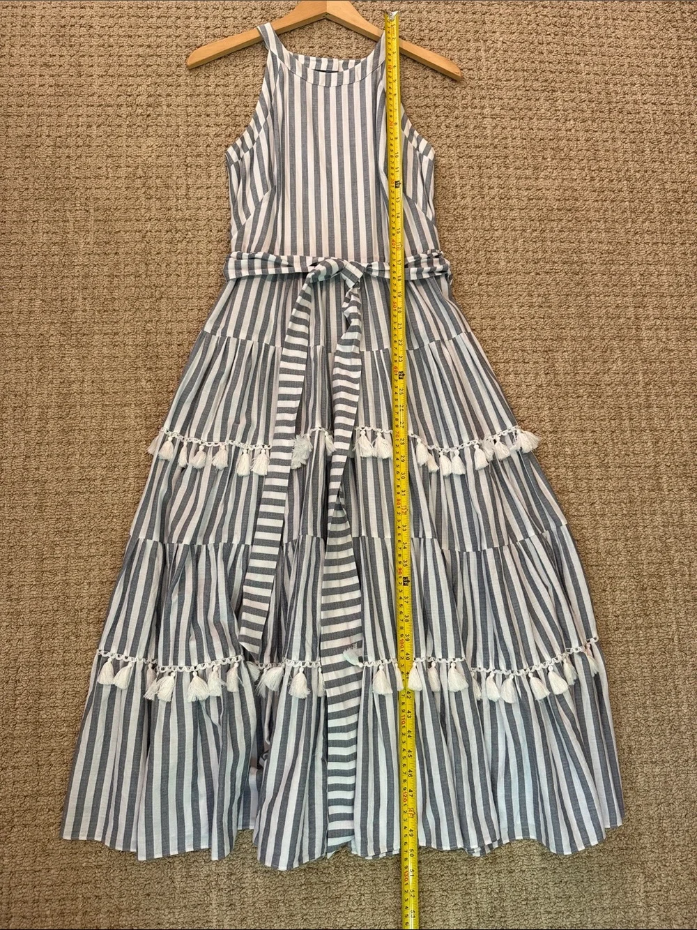 Eliza J Tiered Maxi Dress with Tassle Trim in Gray and White Stripes - Picture 6 of 6